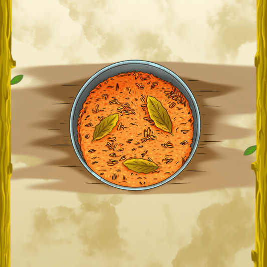 Tray of Jollof rice with three bay leafs